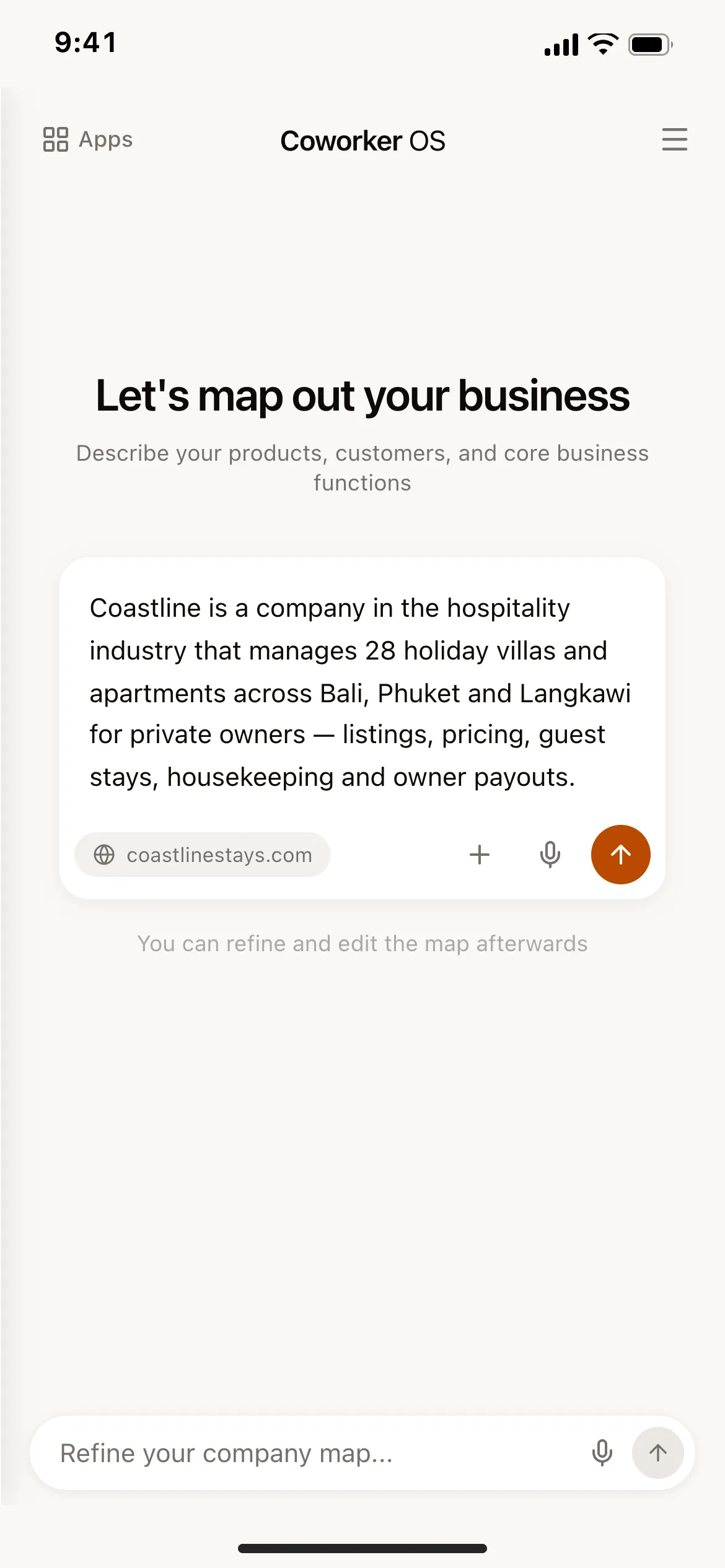 CoworkerOS on a phone: describing Coastline Stays in one sentence