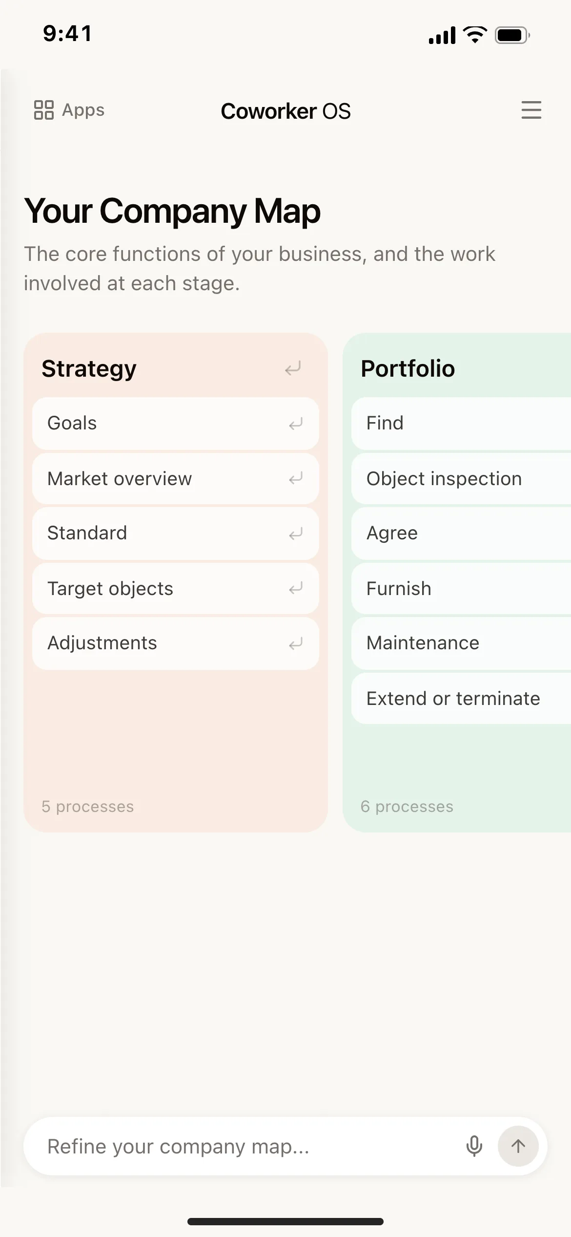 CoworkerOS on a phone: the Company Map, with the core functions of the business and the work involved at each stage
