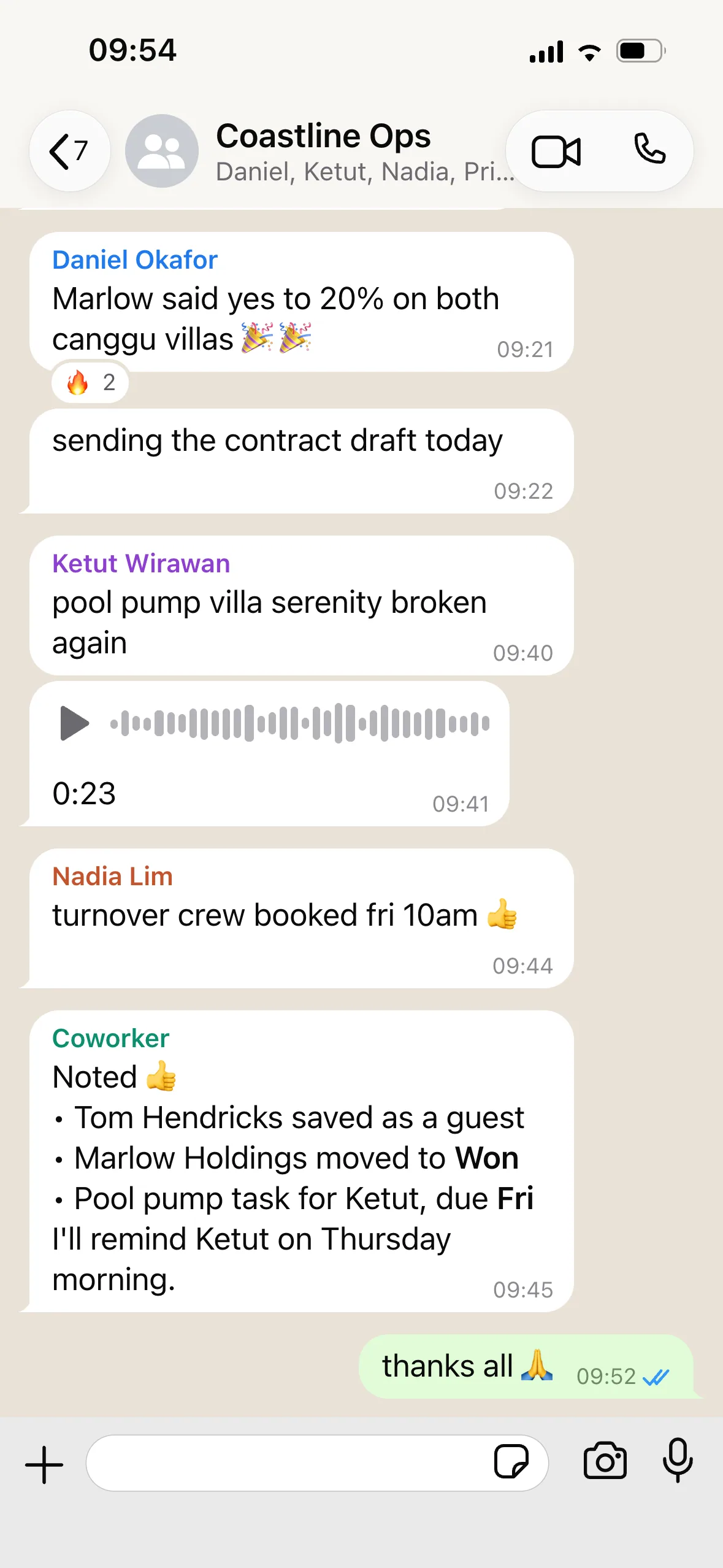 The Coastline Ops WhatsApp group, ending on Coworker's reply: Noted — Tom Hendricks saved as a guest, Marlow Holdings moved to Won, pool pump task for Ketut due Friday.