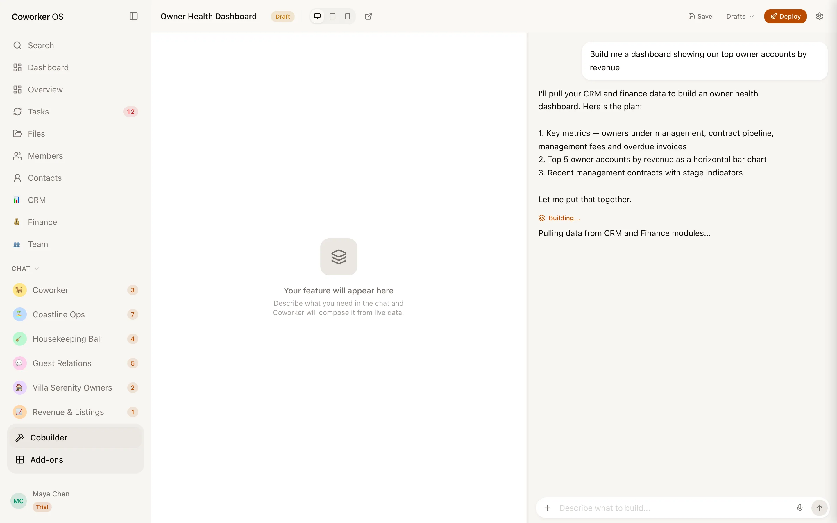 Cobuilder pulling CRM and Finance data to build a dashboard