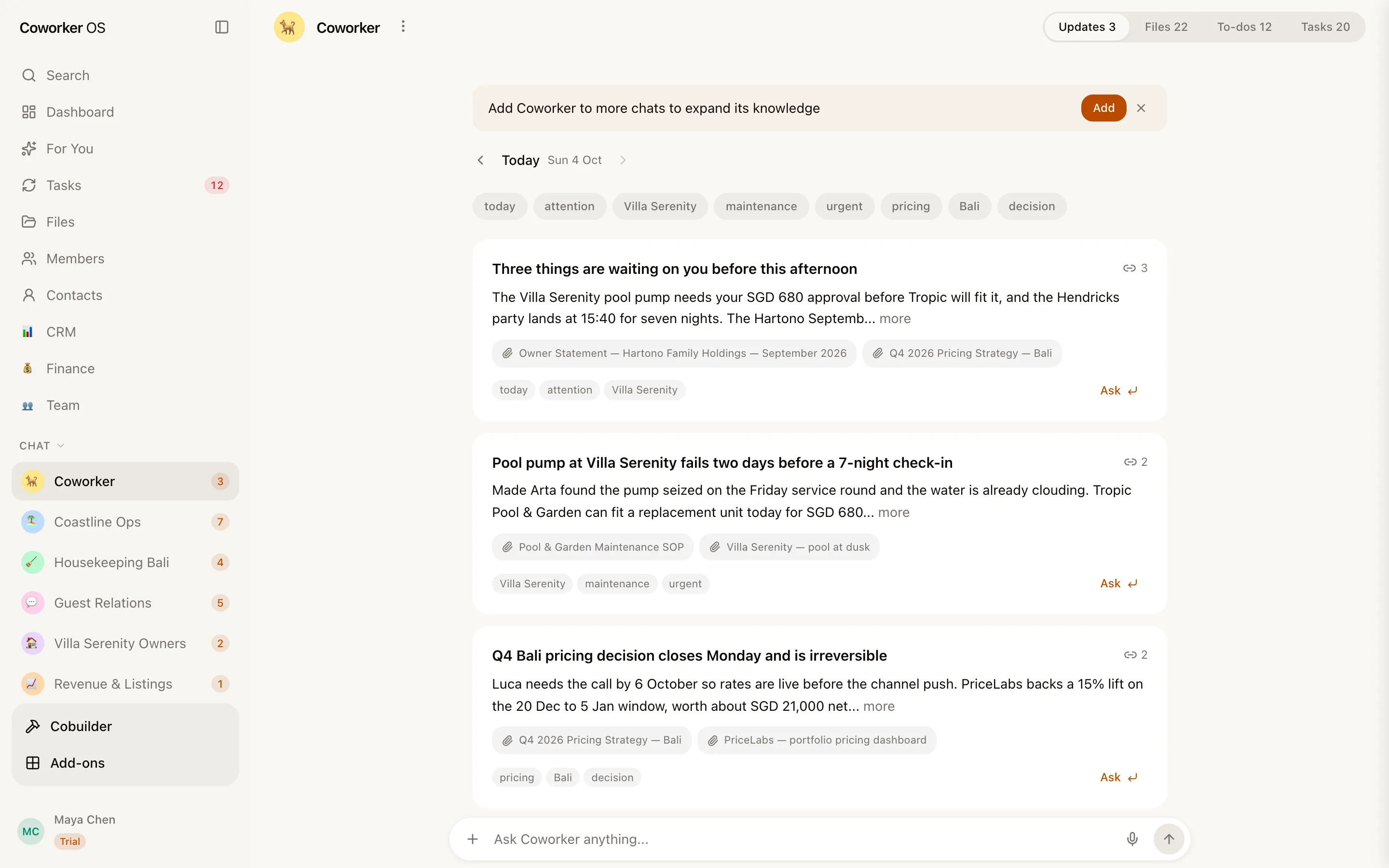 Chat summaries: Coworker's written updates from a work chat, with the files and tags it linked to each one