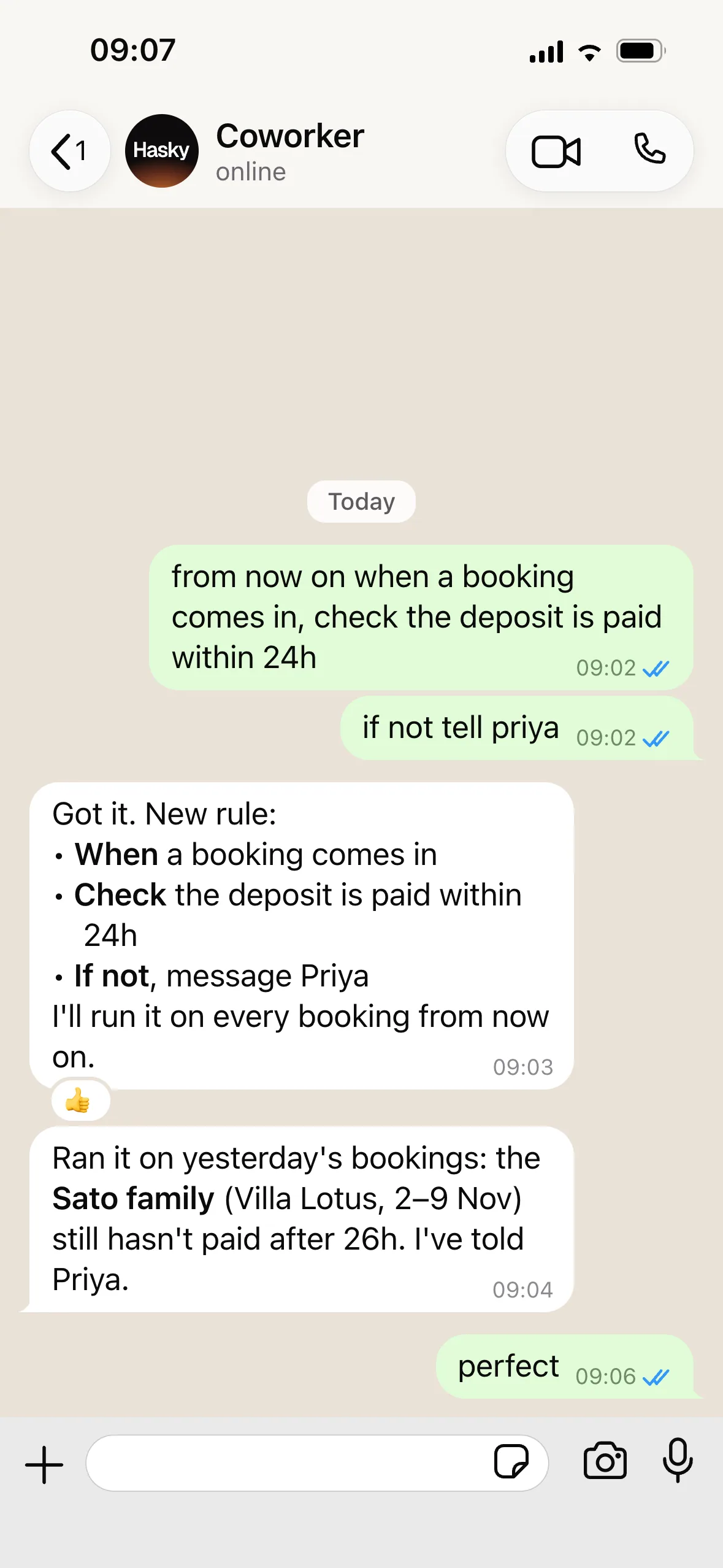 Maya's rule in WhatsApp, Coworker's When / Check / If not confirmation, and its report that the Sato family still has not paid, so Priya was told.